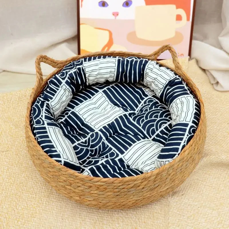 Washable Rattan Cat Bed with Scratcher & Cushion