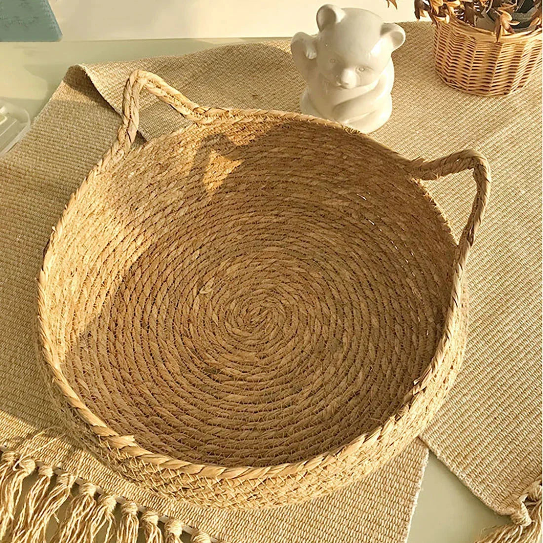 Washable Rattan Cat Bed with Scratcher & Cushion