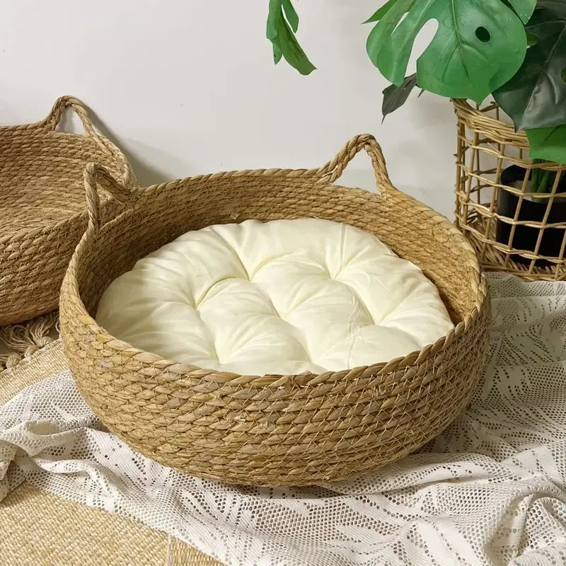 Washable Rattan Cat Bed with Scratcher & Cushion