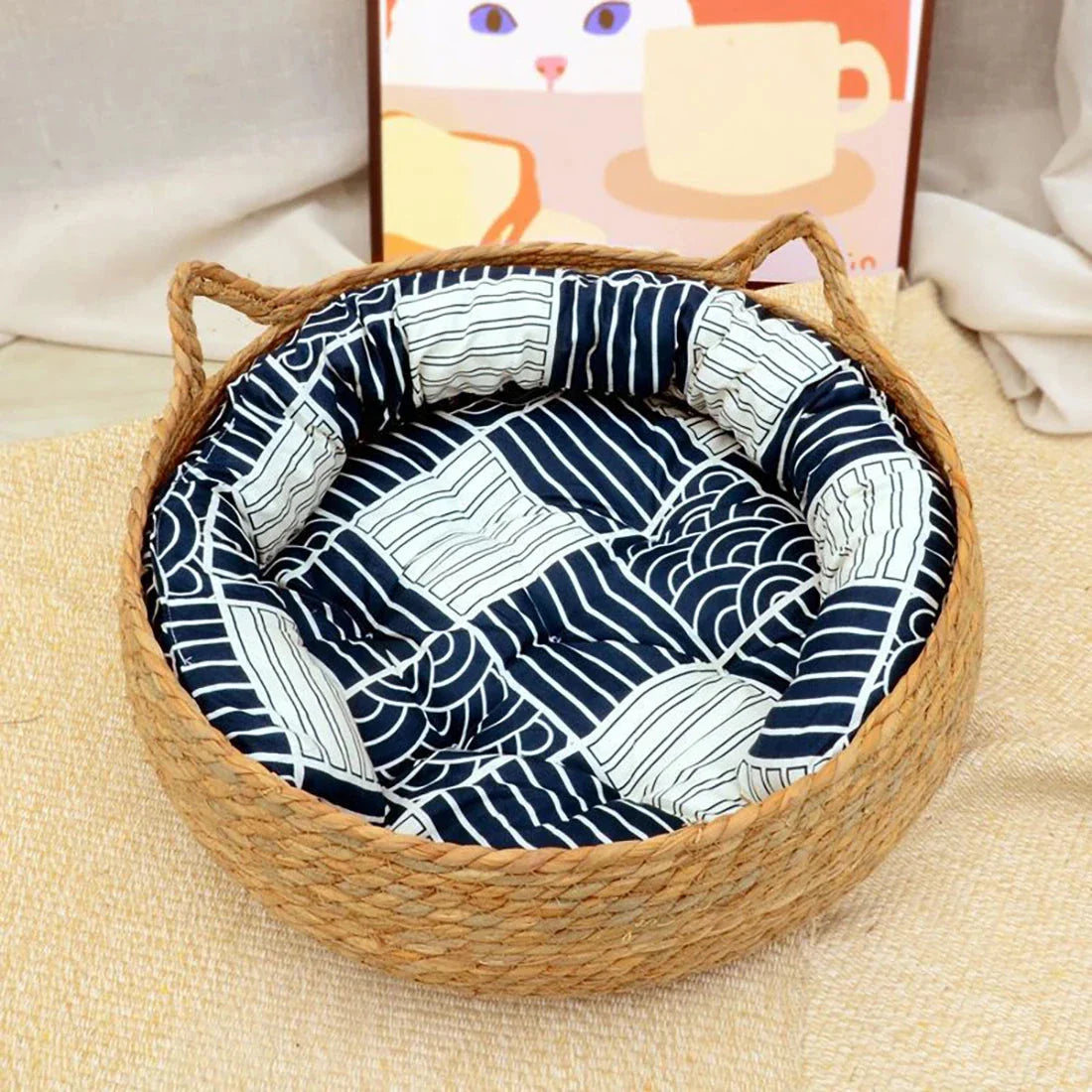 Washable Rattan Cat Bed with Scratcher & Cushion