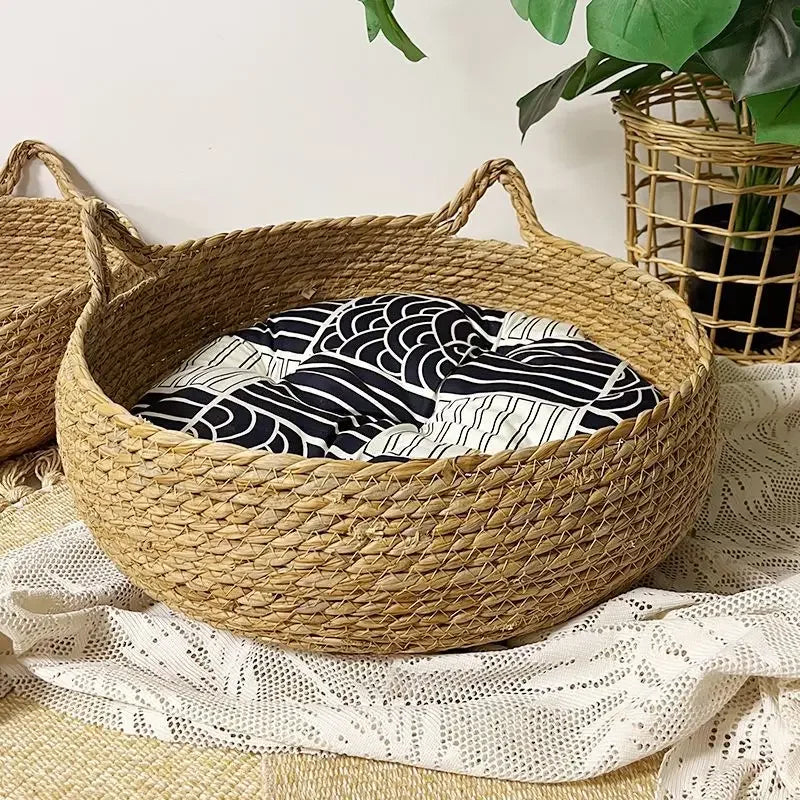 Washable Rattan Cat Bed with Scratcher & Cushion