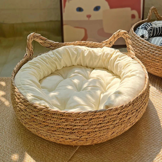 Washable Rattan Cat Bed with Scratcher & Cushion